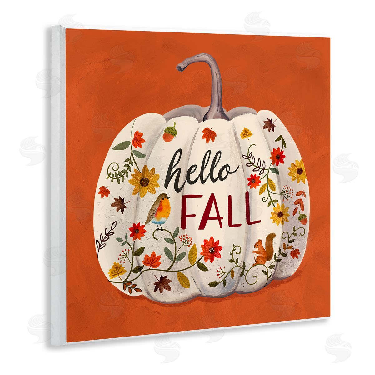 Sharon Lee Hello Fall Patterned White Pumpkin Floral Botanicals Wooden Wall Plaque Art Print