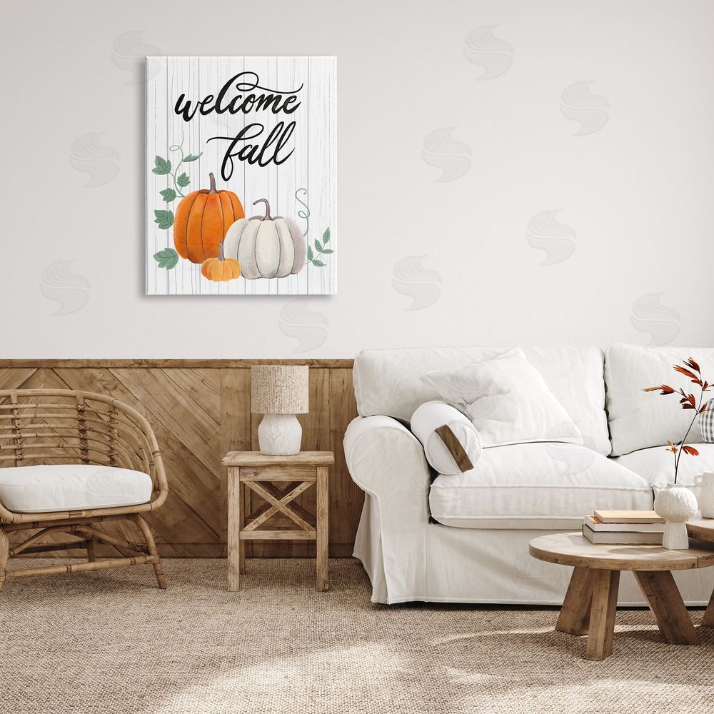 Sharon Lee Welcome Fall Rustic Calligraphy Phrase Pumpkin Patch Canvas Wall Art Print in Room
