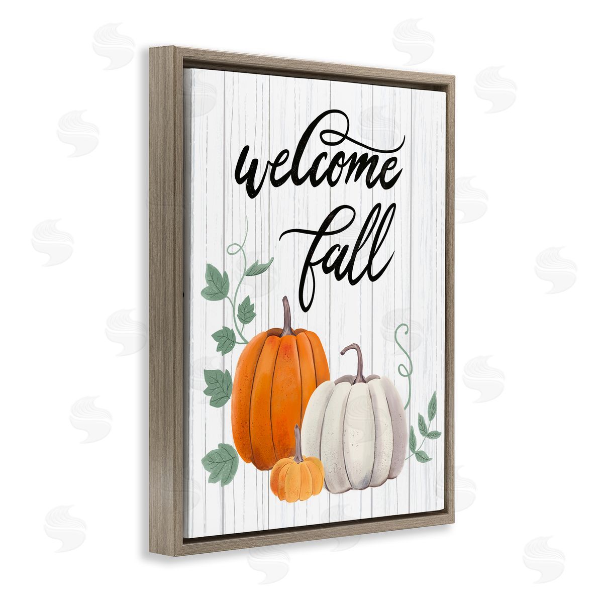 Sharon Lee Welcome Fall Rustic Calligraphy Phrase Pumpkin Patch Brown Floating Frame Canvas Wall Art Print