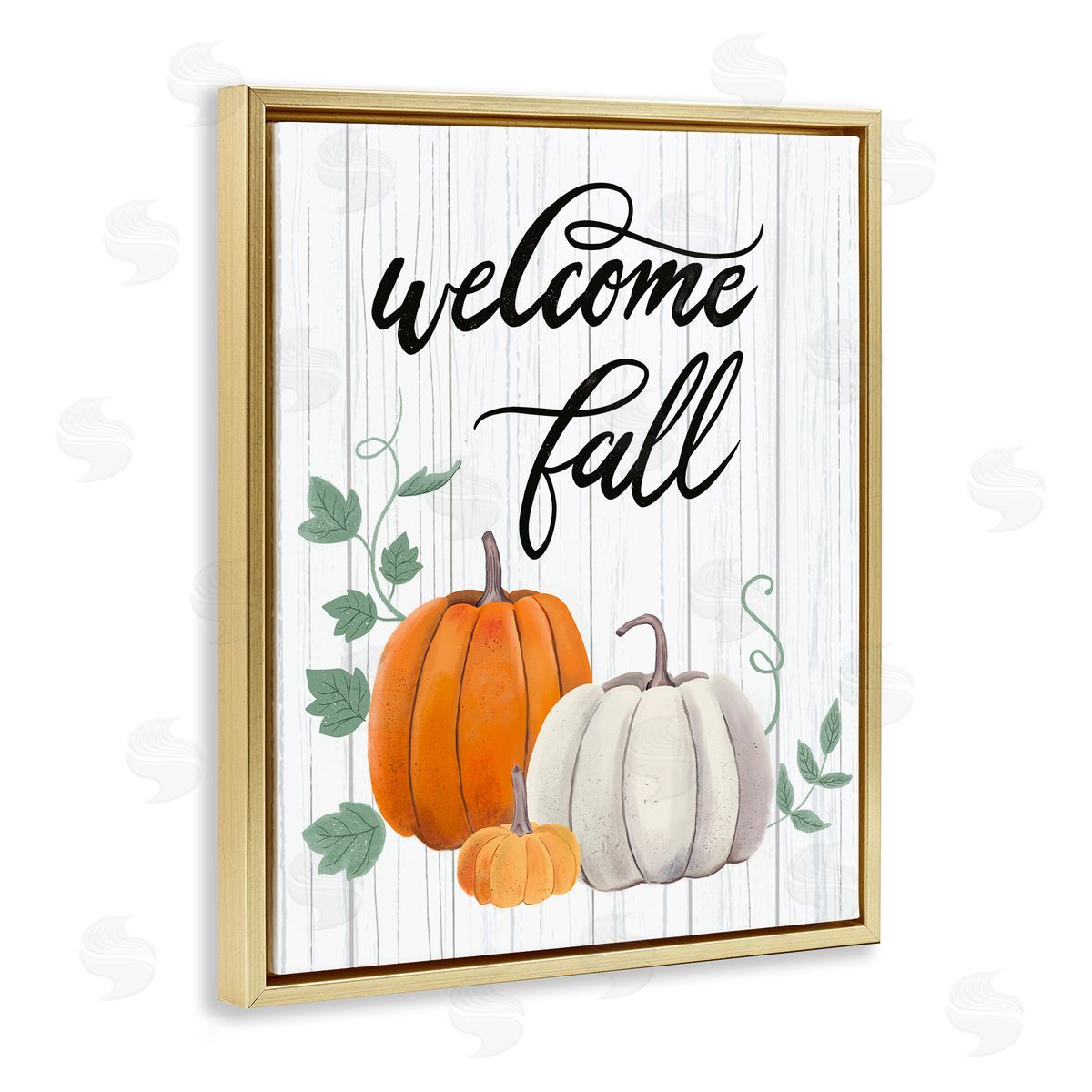 Sharon Lee Welcome Fall Rustic Calligraphy Phrase Pumpkin Patch Gold Floating Frame Canvas Wall Art Print