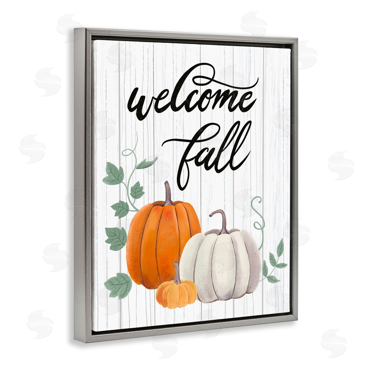 Sharon Lee Welcome Fall Rustic Calligraphy Phrase Pumpkin Patch Gray Floating Frame Canvas Wall Art Print