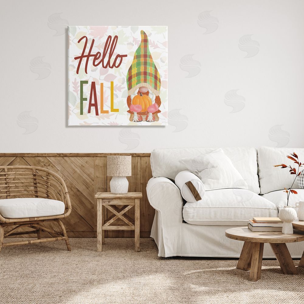 Andi Metz Hello Fall Cozy Tartan Gnome Holding Pumpkin Canvas Wall Art in Room