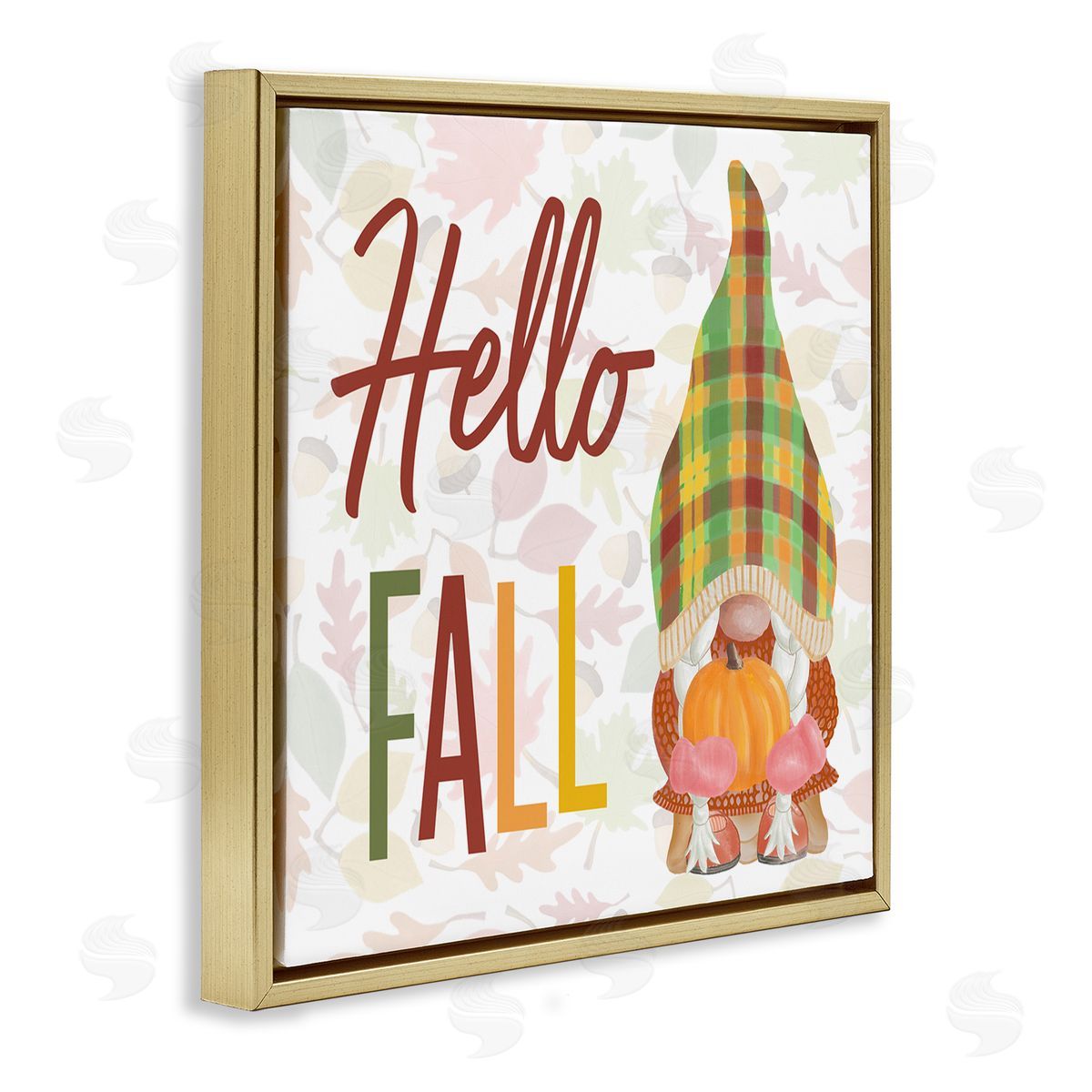 Andi Metz Hello Fall Cozy Tartan Gnome Holding Pumpkin Gold Floating Frame Canvas Wall Art Print