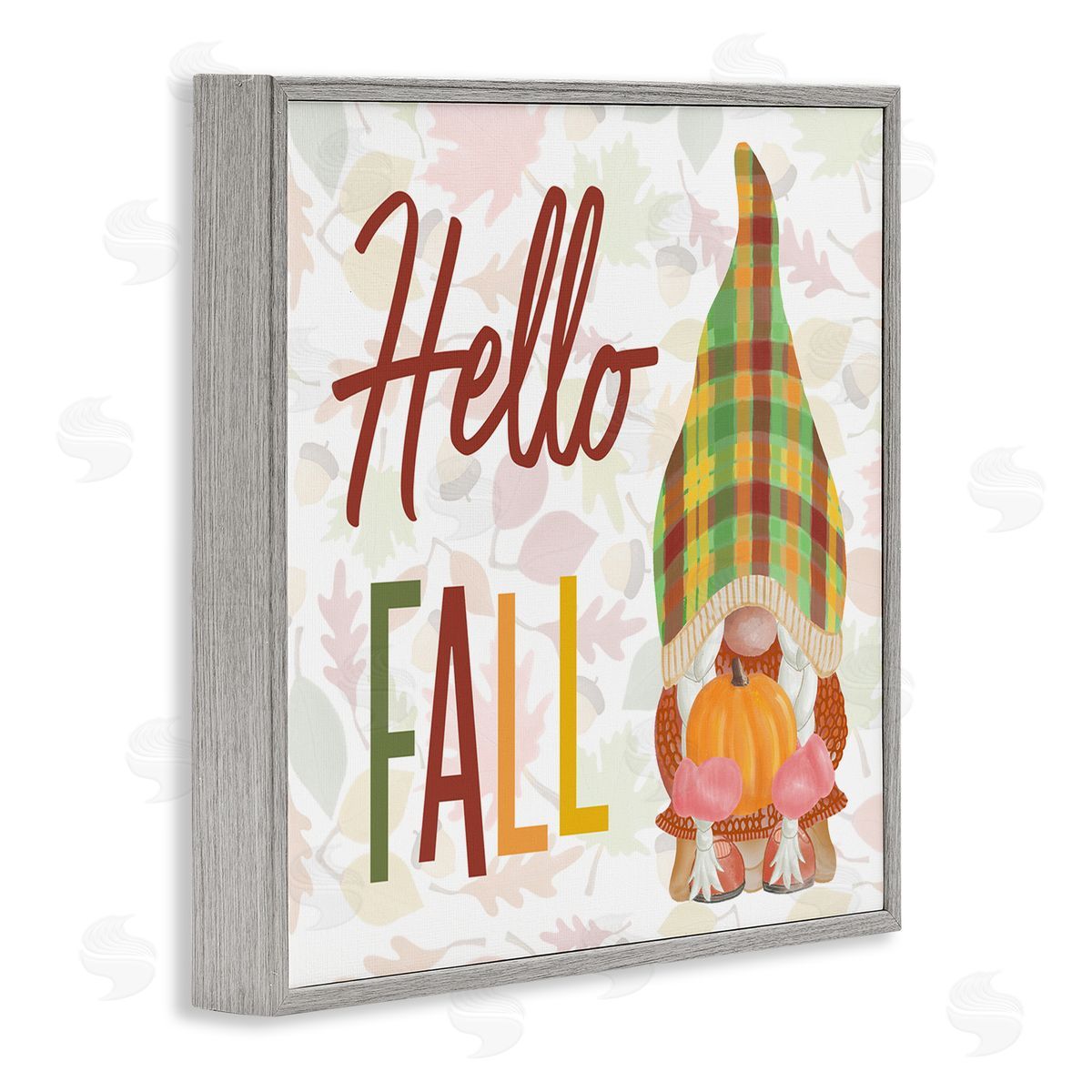 Andi Metz Hello Fall Cozy Tartan Gnome Holding Pumpkin Gray Framed Glicee Wall Art Print