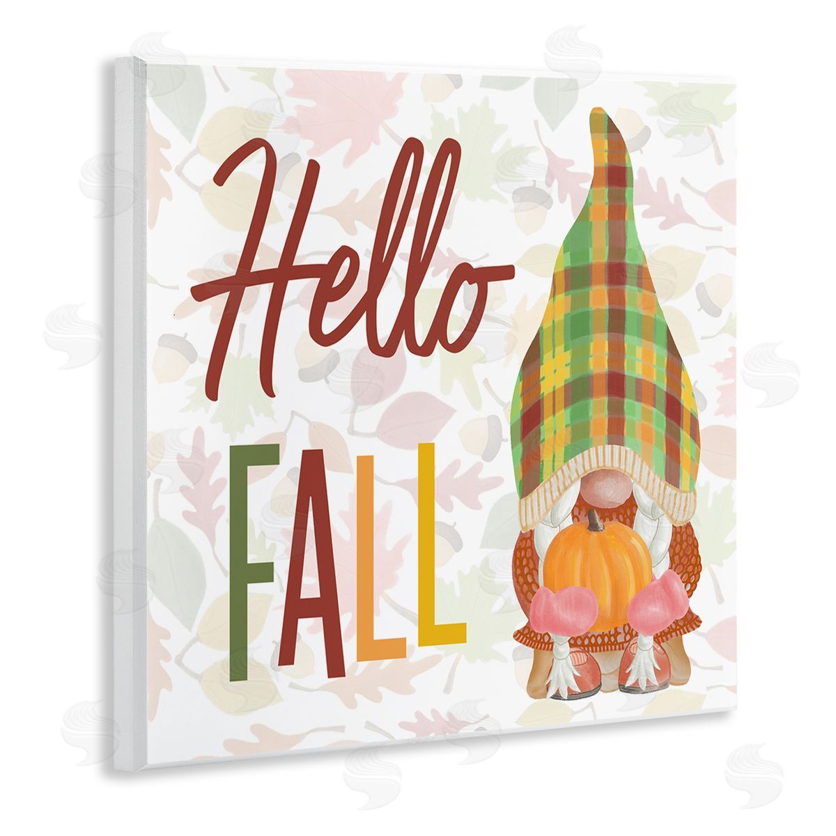 Andi Metz Hello Fall Cozy Tartan Gnome Holding Pumpkin Wooden Wall Plaque Art Print