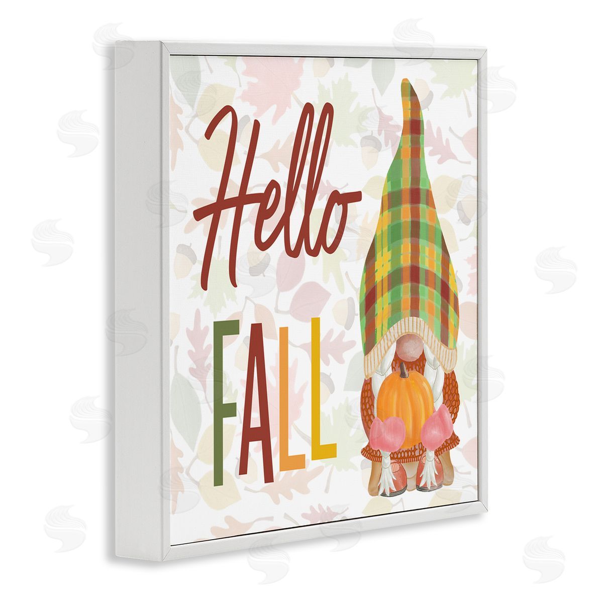 Andi Metz Hello Fall Cozy Tartan Gnome Holding Pumpkin White Framed Glicee Wall Art Print