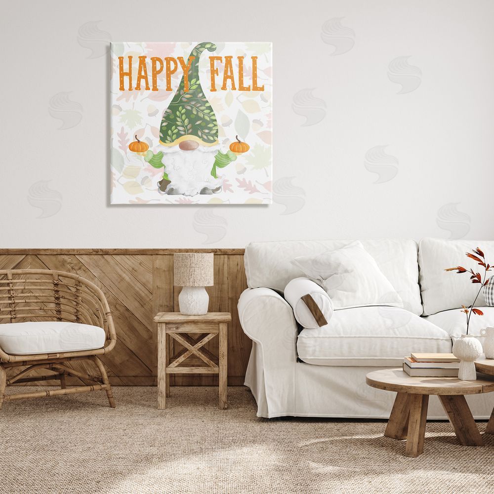 Andi Metz Happy Fall Patterned Gnome Holding Orange Pumpkins Canvas Wall Art in Room