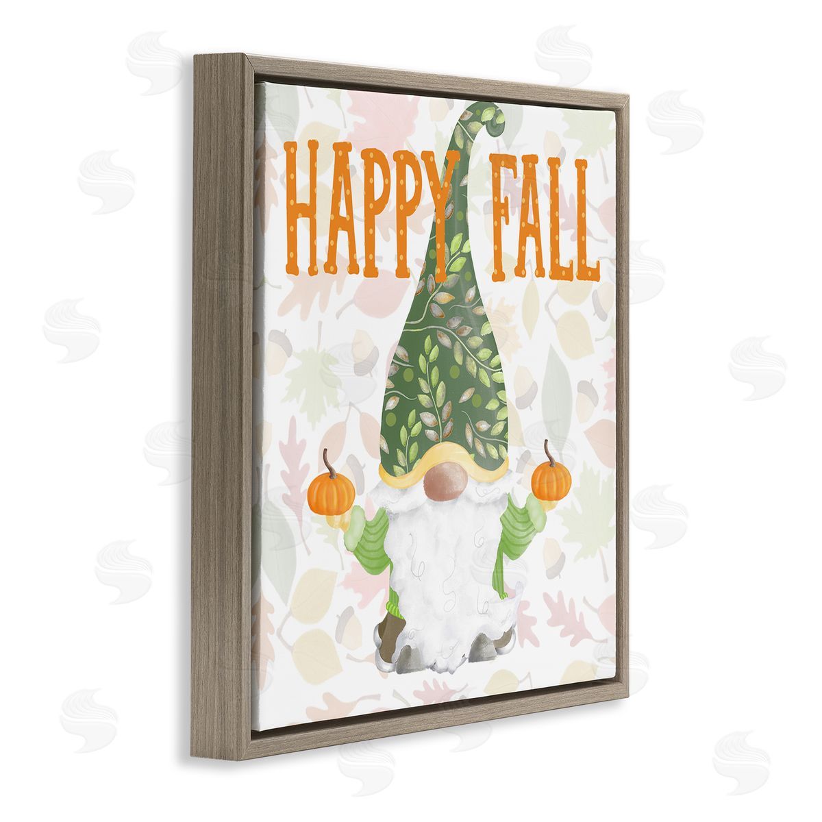 Andi Metz Happy Fall Patterned Gnome Holding Orange Pumpkins Brown Floating Frame Canvas Wall Art Print