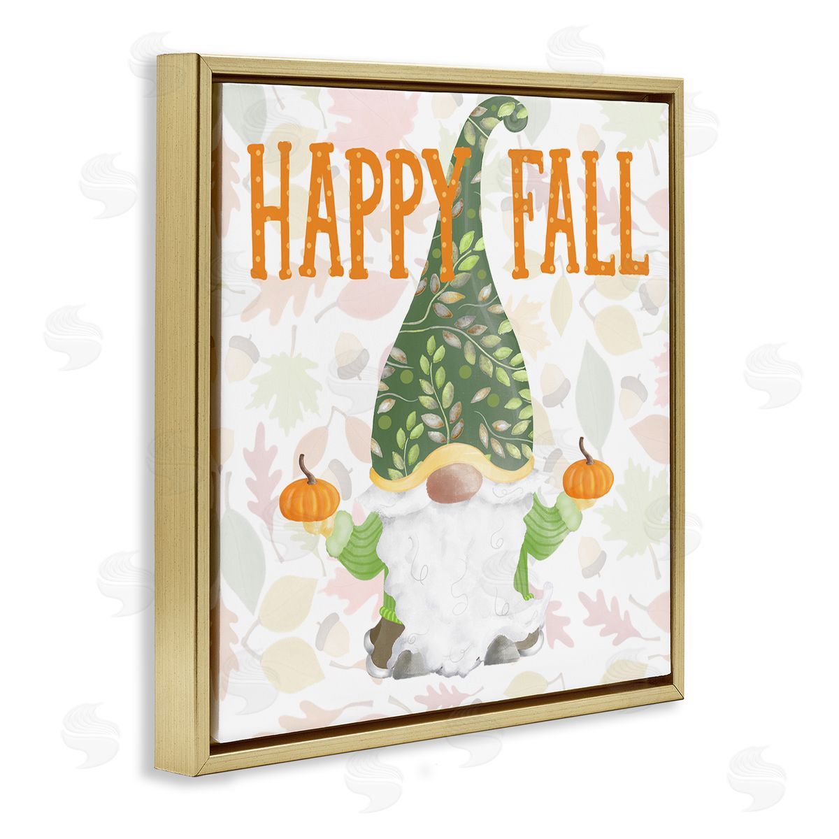 Andi Metz Happy Fall Patterned Gnome Holding Orange Pumpkins Gold Floating Frame Canvas Wall Art Print