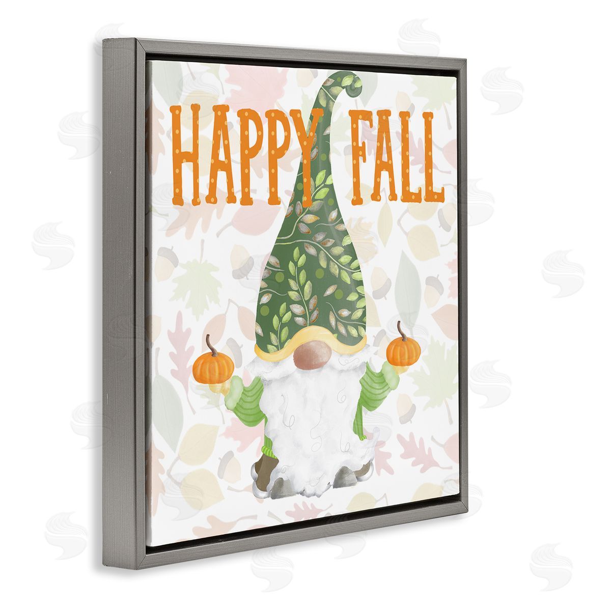 Andi Metz Happy Fall Patterned Gnome Holding Orange Pumpkins Gray Floating Frame Canvas Wall Art Print