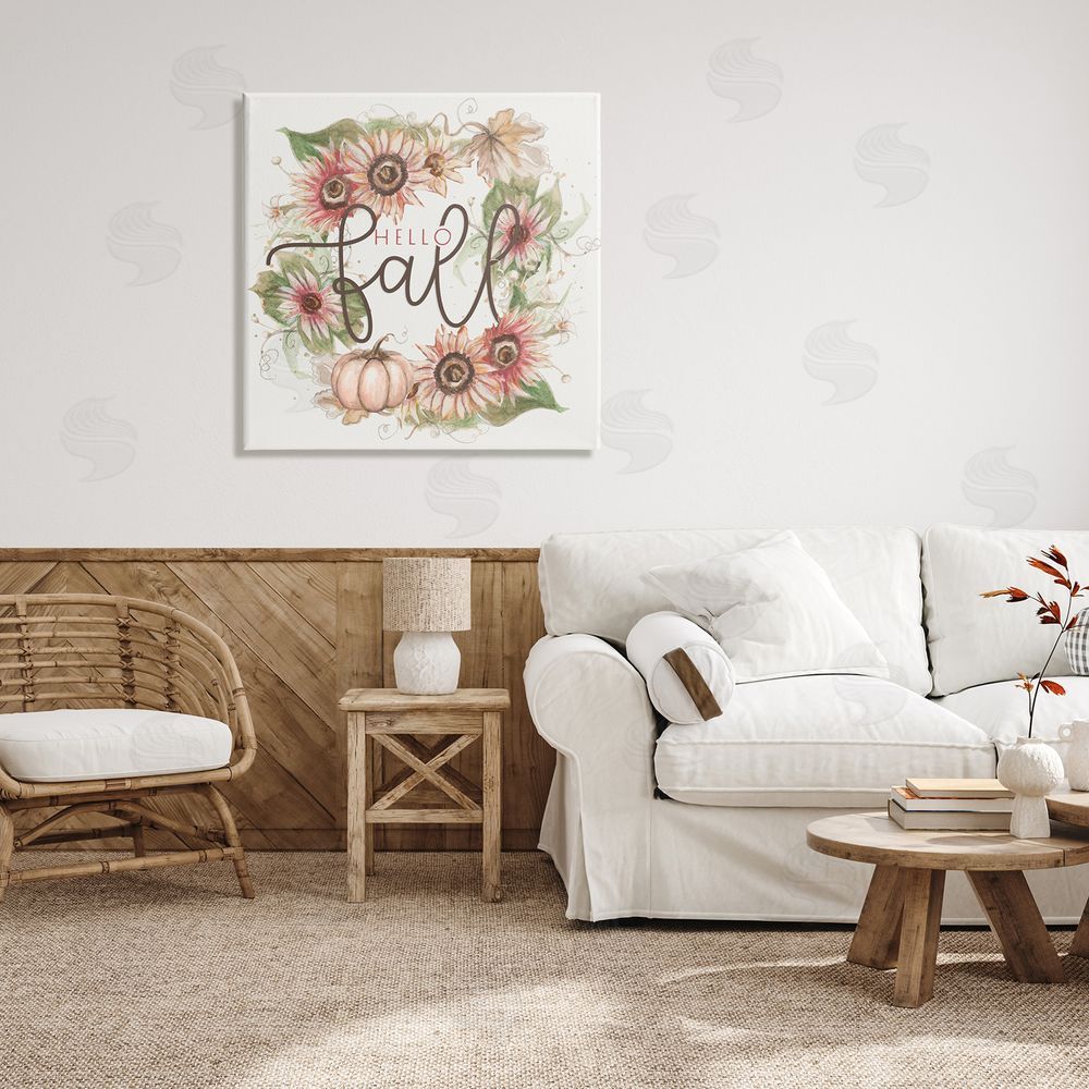 Patricia Pinto Hello Fall Autumn Greeting Floral Pumpkin Wreath Canvas Wall Art in Room