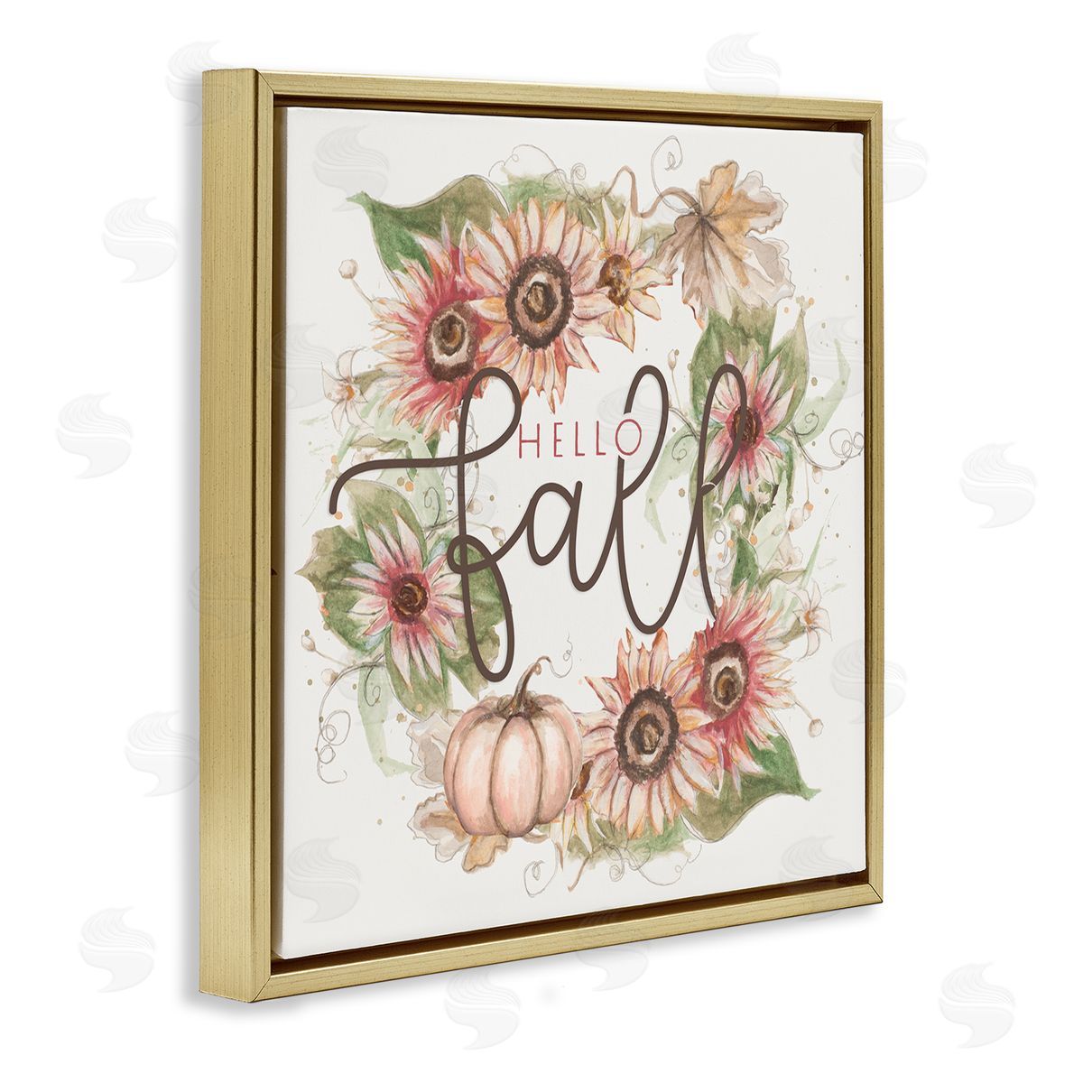 Patricia Pinto Hello Fall Autumn Greeting Floral Pumpkin Wreath Gold Floating Frame Canvas Wall Art Print