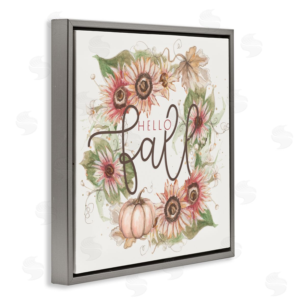 Patricia Pinto Hello Fall Autumn Greeting Floral Pumpkin Wreath Gray Floating Frame Canvas Wall Art Print