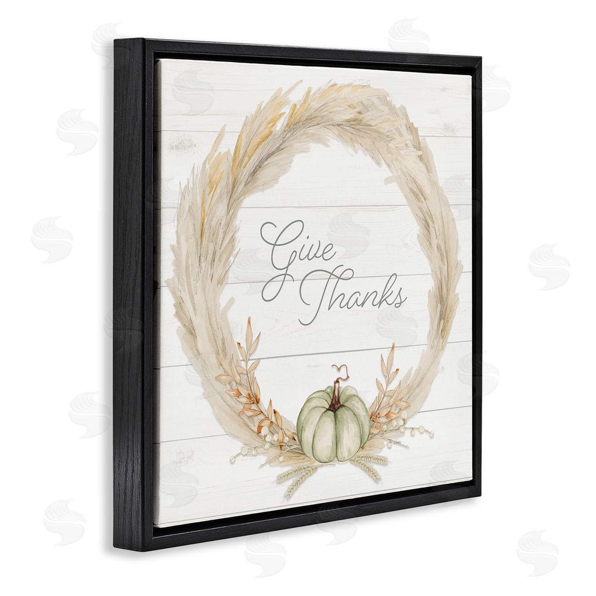 Patricia Pinto Give Thanks Phrase Country Wheat & Pumpkin Wreath  Black Floating Frame Canvas Wall Art Print