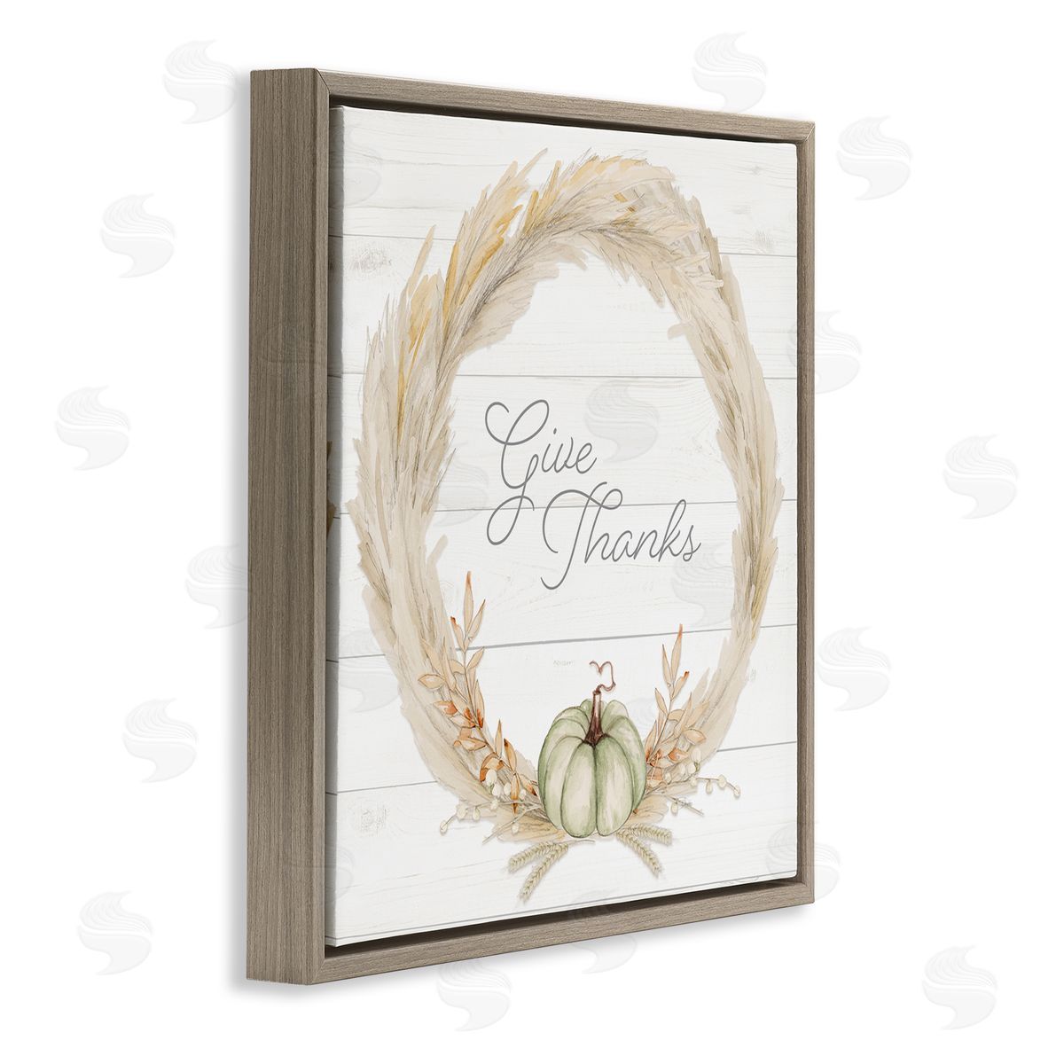 Patricia Pinto Give Thanks Phrase Country Wheat & Pumpkin Wreath  Brown Floating Frame Canvas Wall Art Print