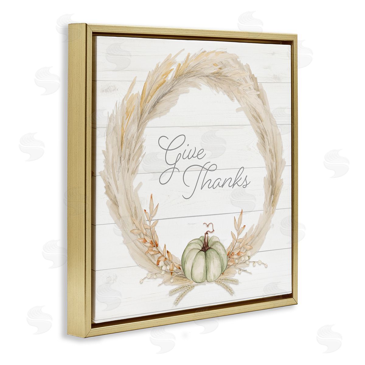 Patricia Pinto Give Thanks Phrase Country Wheat & Pumpkin Wreath  Gold Floating Frame Canvas Wall Art Print