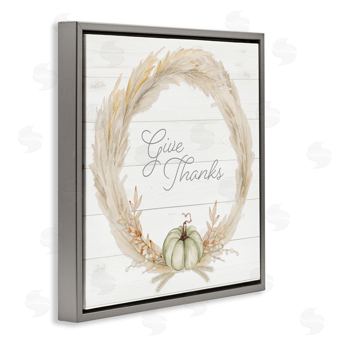 Patricia Pinto Give Thanks Phrase Country Wheat & Pumpkin Wreath  Gray Floating Frame Canvas Wall Art Print