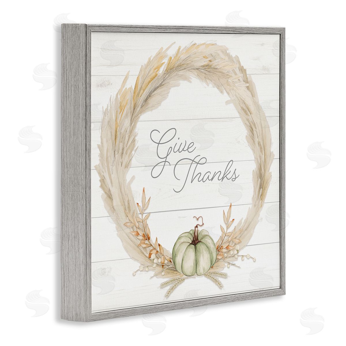 Patricia Pinto Give Thanks Phrase Country Wheat & Pumpkin Wreath  Gray Framed Glicee Wall Art Print