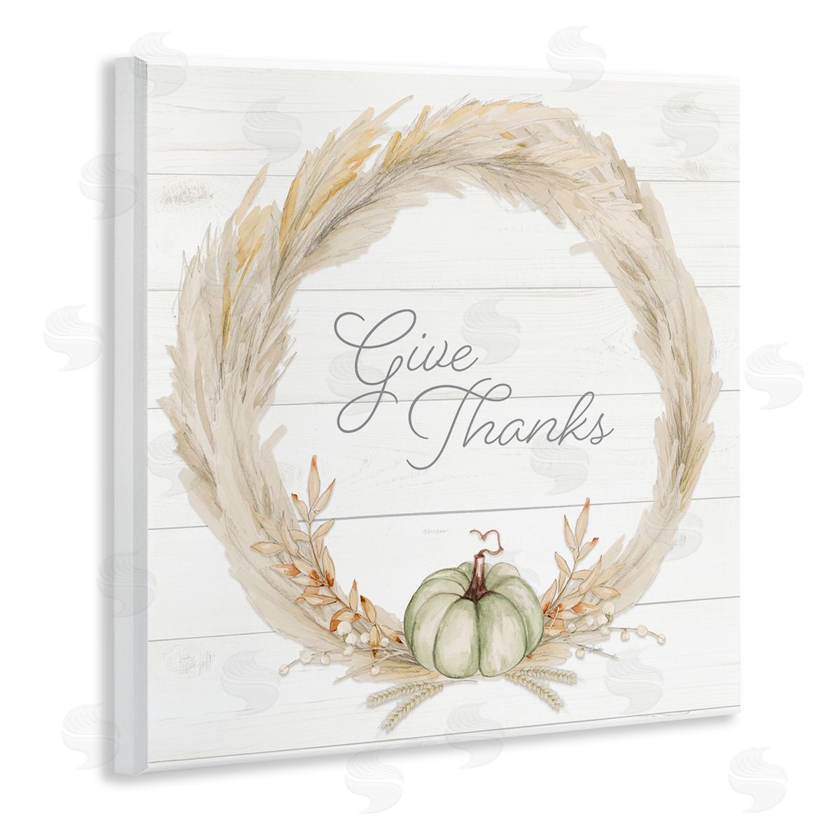 Patricia Pinto Give Thanks Phrase Country Wheat & Pumpkin Wreath  Wooden Wall Plaque Art Print