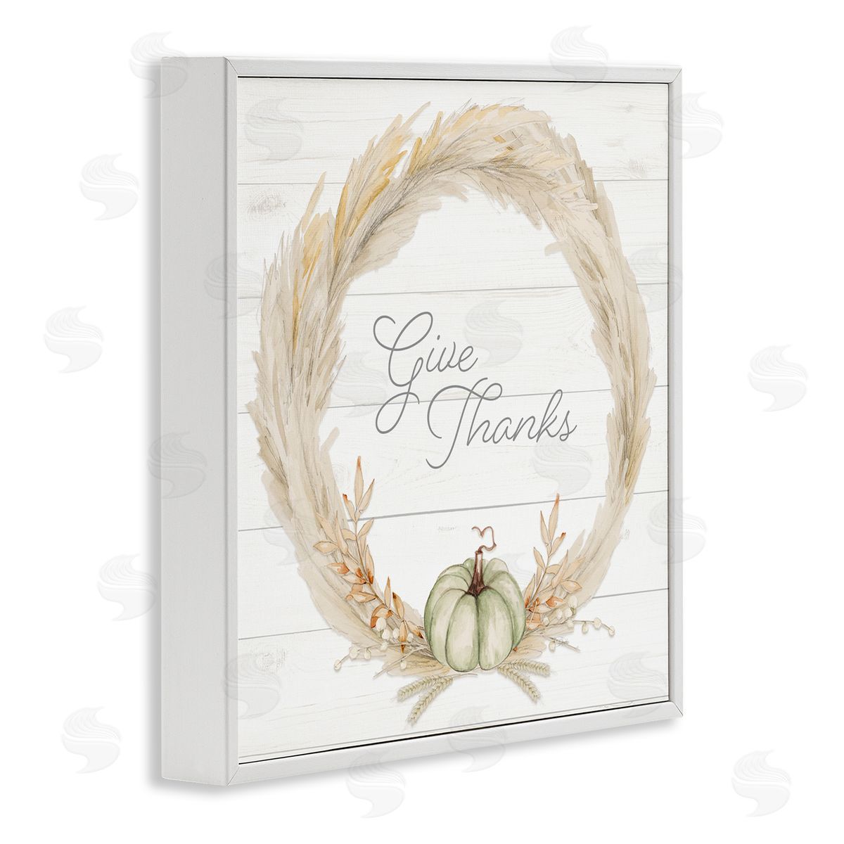 Patricia Pinto Give Thanks Phrase Country Wheat & Pumpkin Wreath  White Framed Glicee Wall Art Print