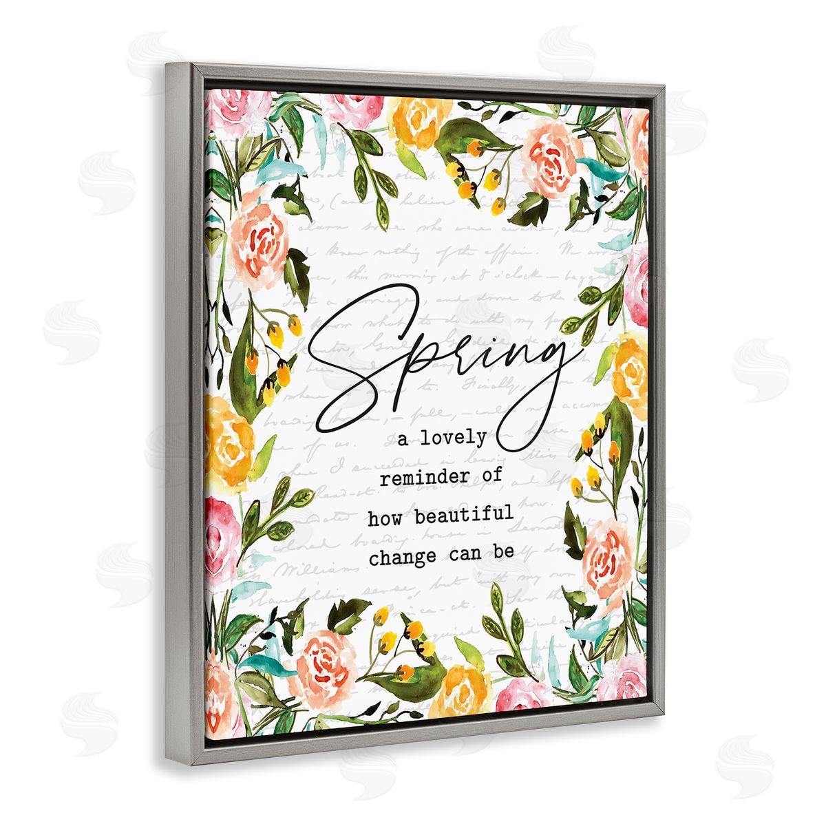 Lettered and Lined Cheerful Spring Typography Quote Floral Blossom Gray Floating Frame Canvas Wall Art Print