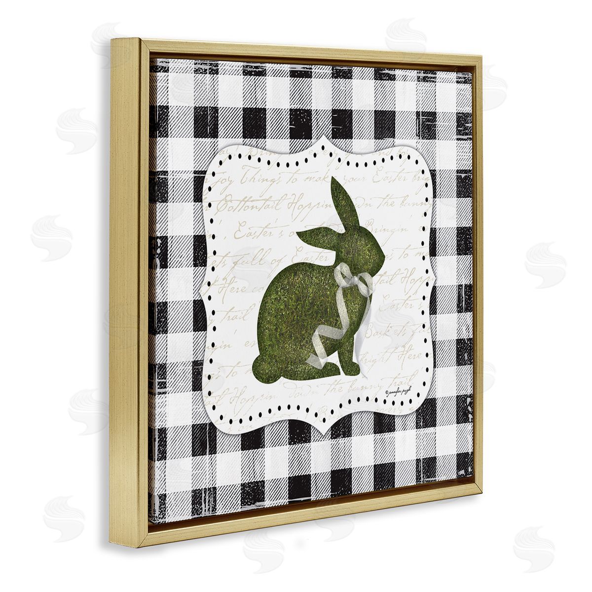 Jennifer Pugh Festive Easter Bunny Ribbon Spring Plaid Pattern Gold Floating Frame Canvas Wall Art Print
