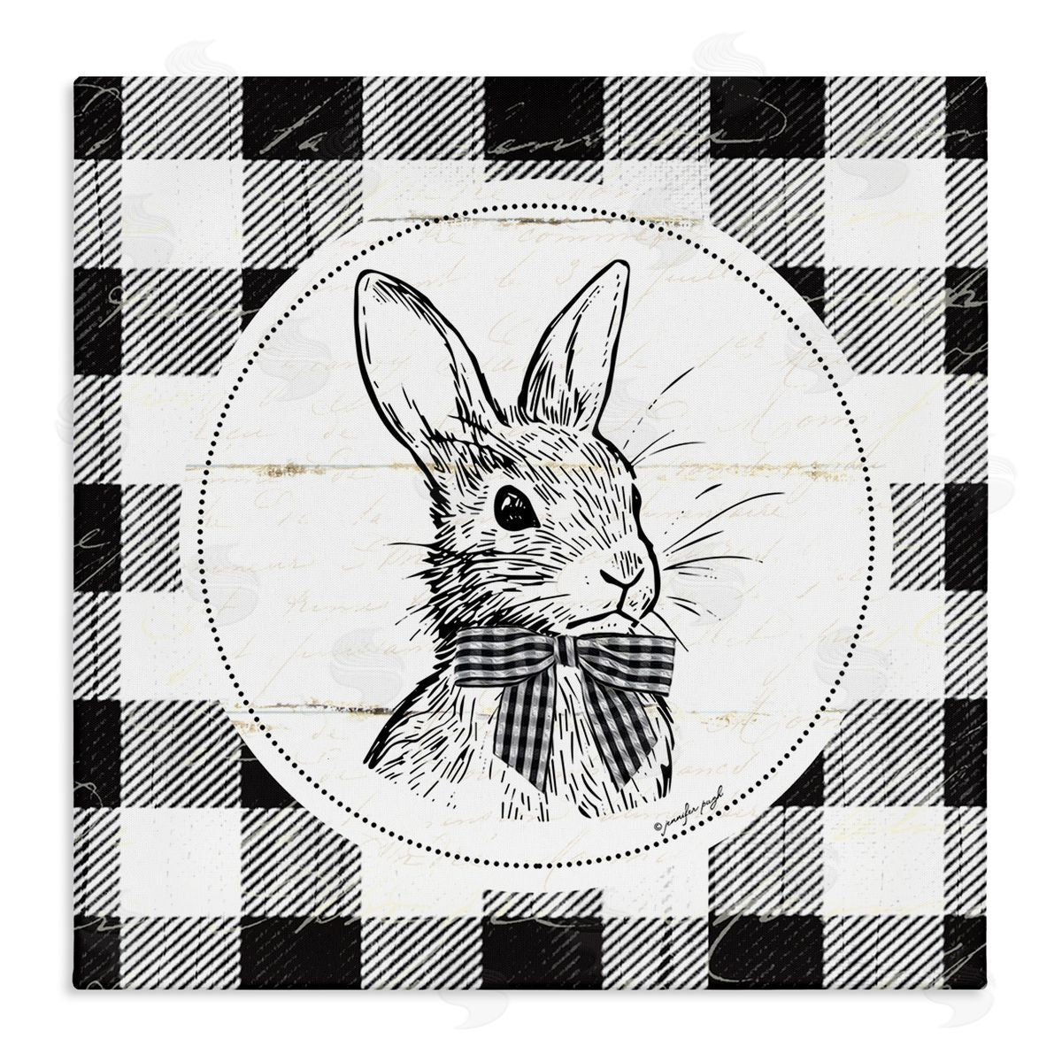 Jennifer Pugh Detailed Easter Bunny Drawing Spring Plaid Border Stretched Canvas Wall Art Print