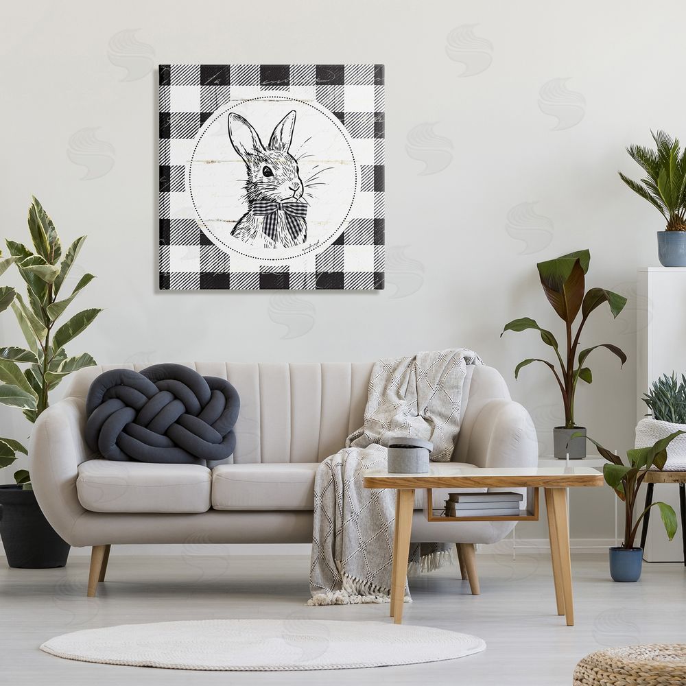 Jennifer Pugh Detailed Easter Bunny Drawing Spring Plaid Border Canvas Wall Art in Room