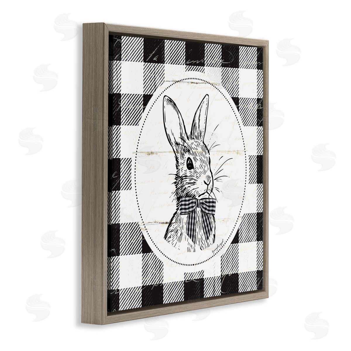 Jennifer Pugh Detailed Easter Bunny Drawing Spring Plaid Border Brown Floating Frame Canvas Wall Art Print