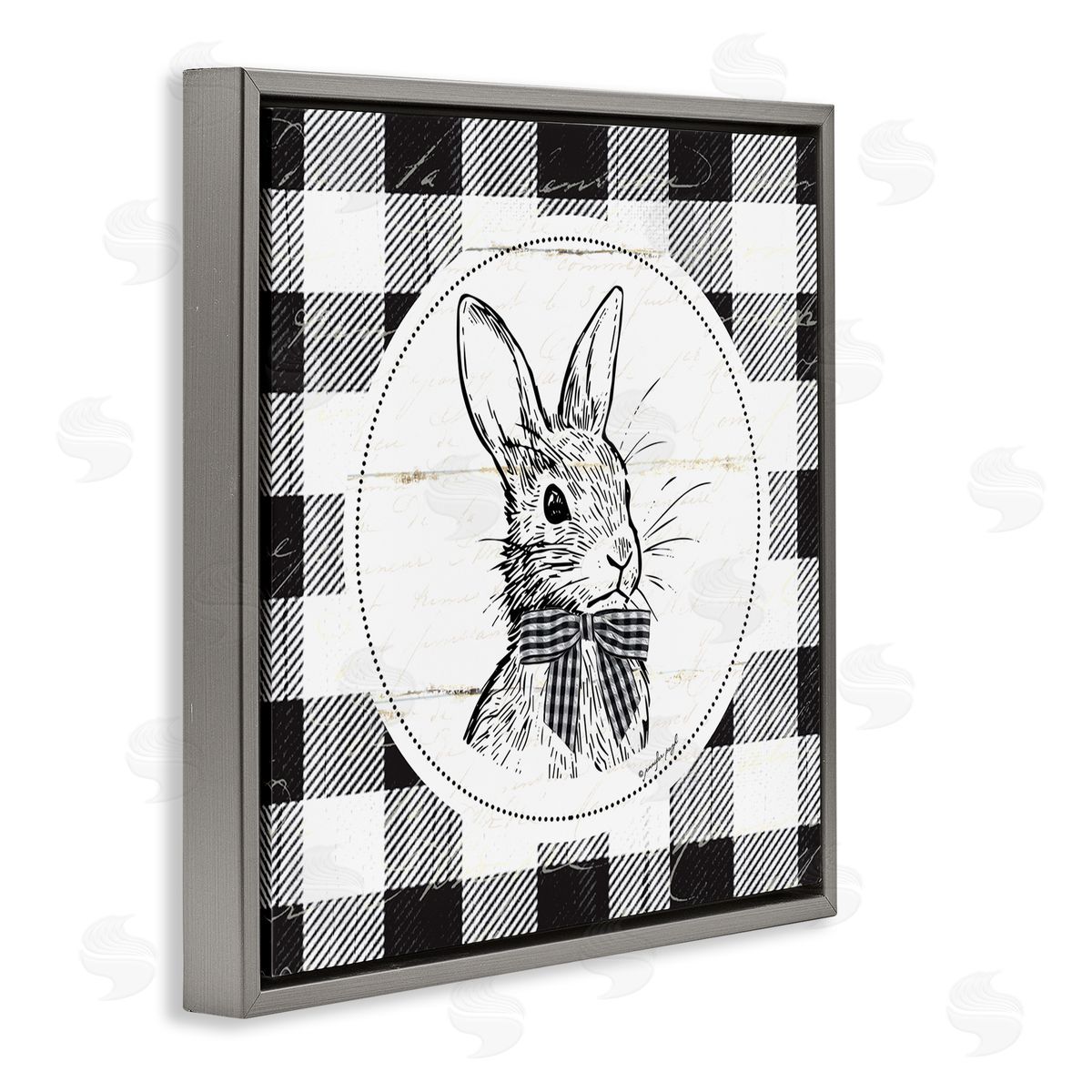 Jennifer Pugh Detailed Easter Bunny Drawing Spring Plaid Border Gray Floating Frame Canvas Wall Art Print