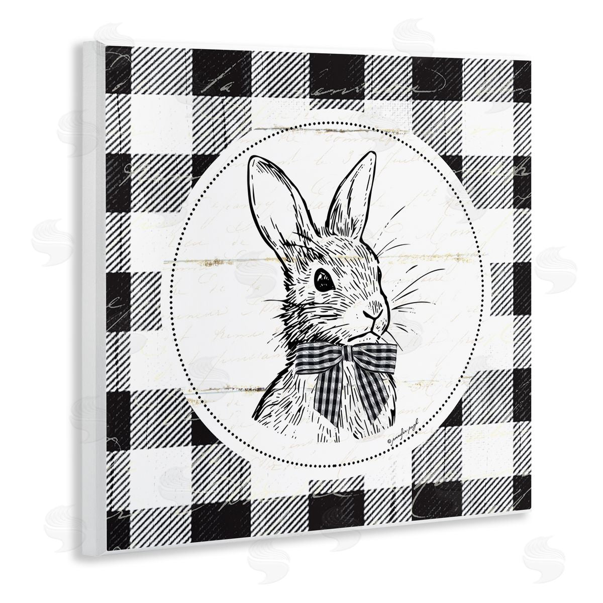 Jennifer Pugh Detailed Easter Bunny Drawing Spring Plaid Border Wooden Wall Plaque Art Print