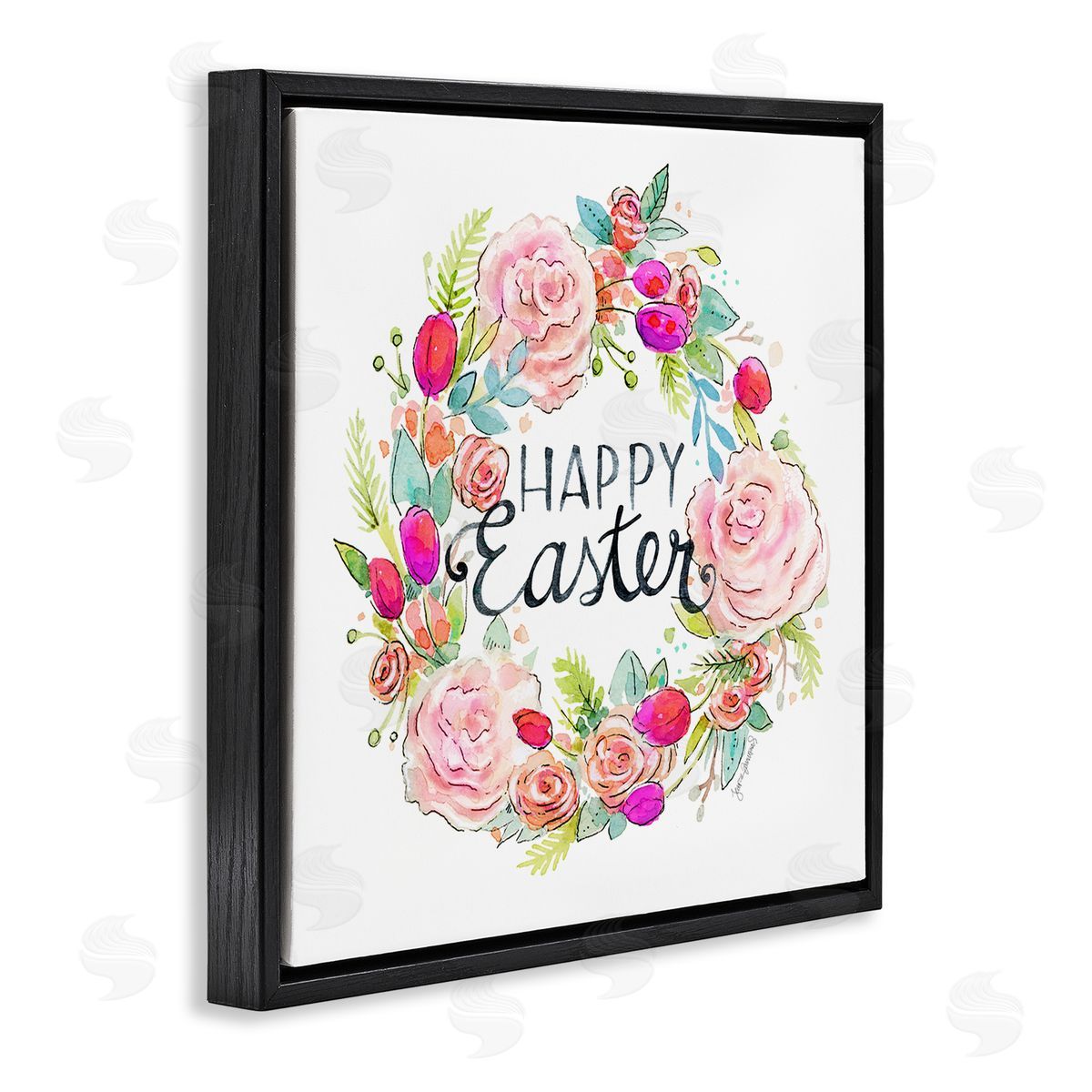 Jennifer Wambach Happy Easter Vivid Pink Floral Blossom Border Black Floating Frame Canvas Wall Art Print