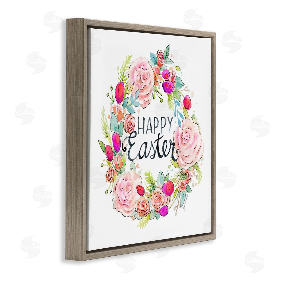 Jennifer Wambach Happy Easter Vivid Pink Floral Blossom Border Brown Floating Frame Canvas Wall Art Print