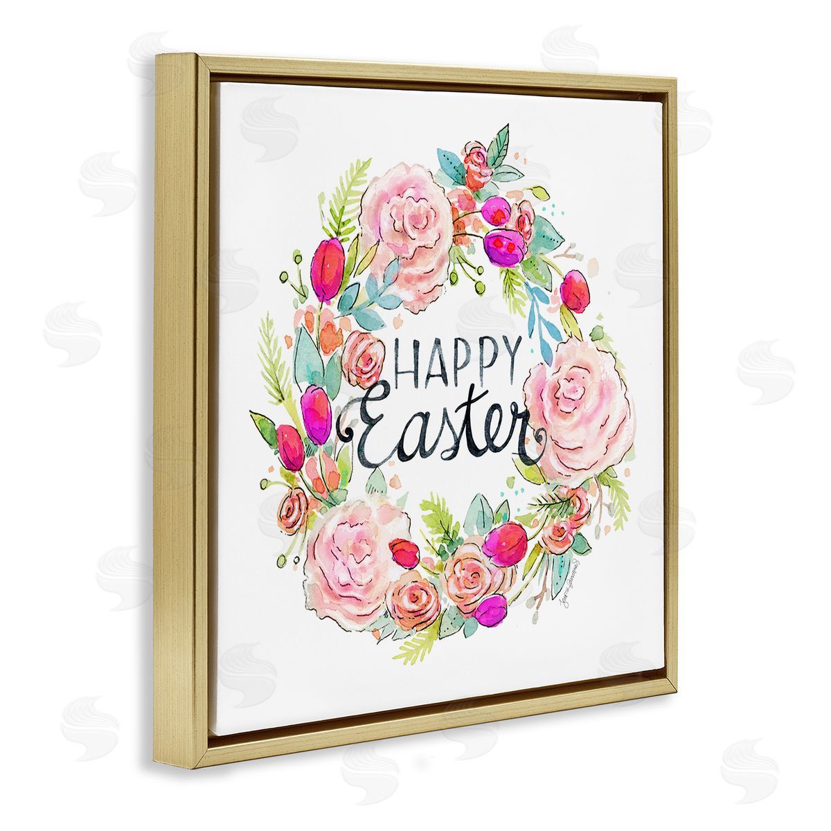 Jennifer Wambach Happy Easter Vivid Pink Floral Blossom Border Gold Floating Frame Canvas Wall Art Print