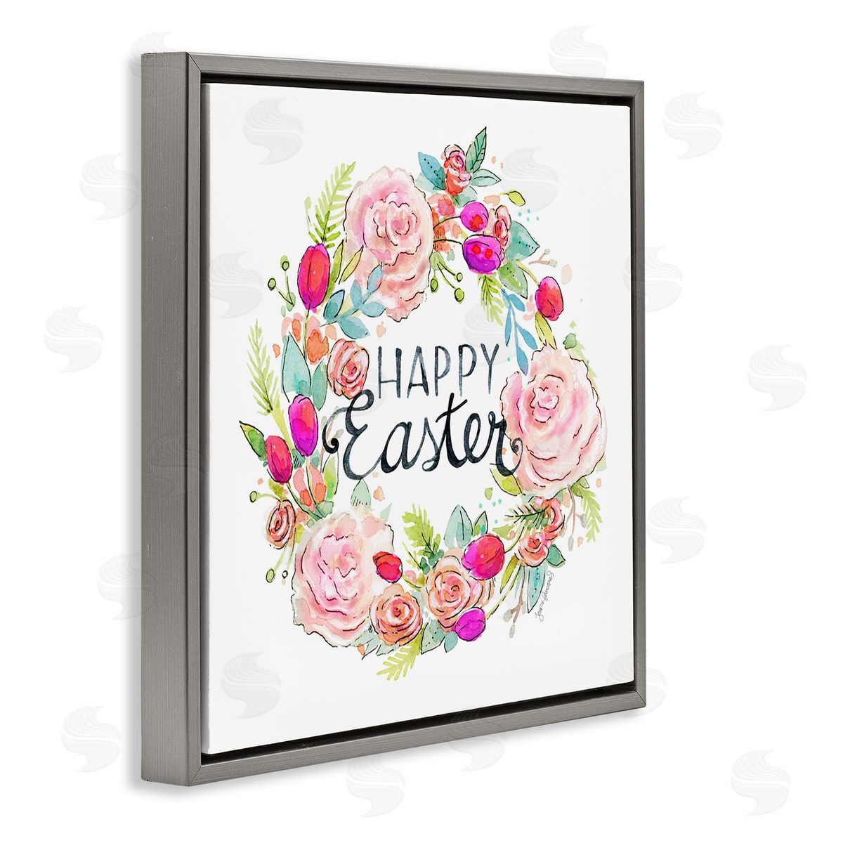 Jennifer Wambach Happy Easter Vivid Pink Floral Blossom Border Gray Floating Frame Canvas Wall Art Print