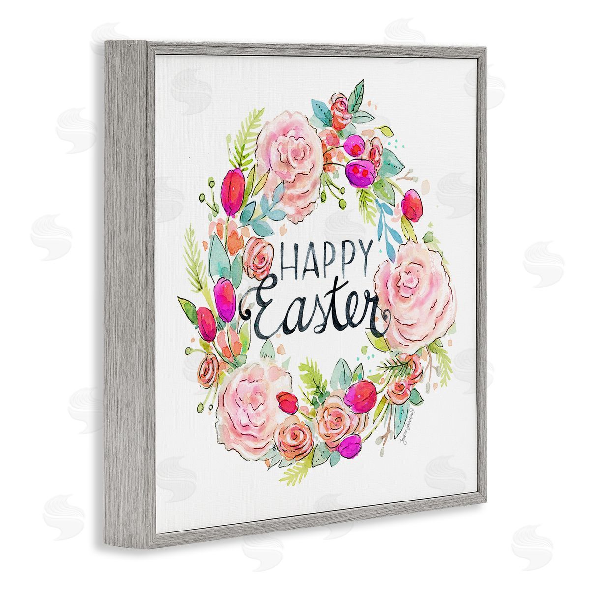 Jennifer Wambach Happy Easter Vivid Pink Floral Blossom Border Gray Framed Glicee Wall Art Print