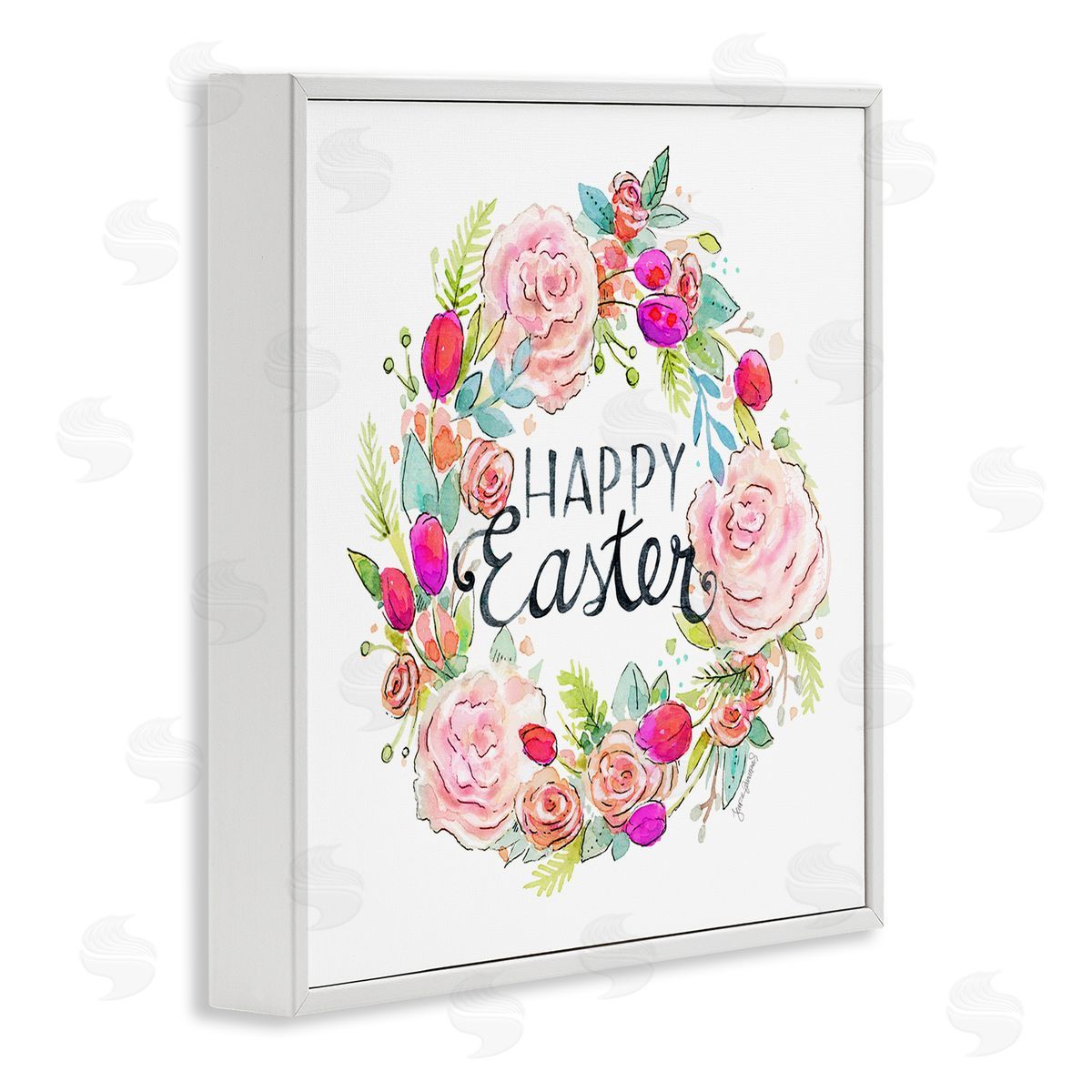 Jennifer Wambach Happy Easter Vivid Pink Floral Blossom Border White Framed Glicee Wall Art Print