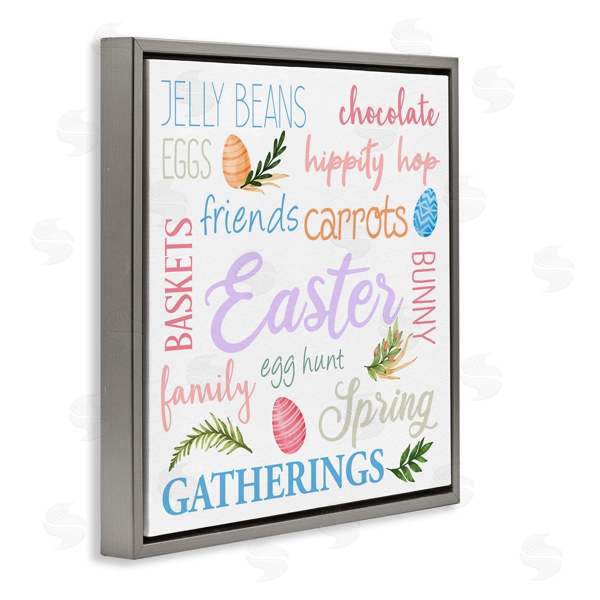 Kim Allen Festive Easter Activity Sign Patterned Eggs Motif Gray Floating Frame Canvas Wall Art Print