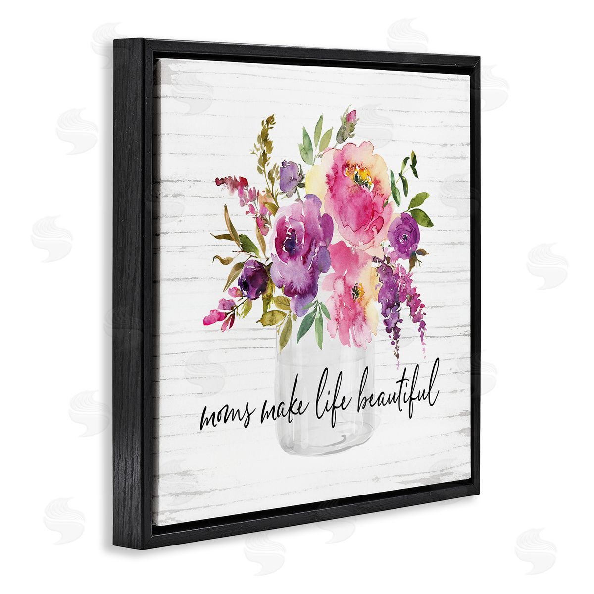 Lettered and Lined Mom's Make Life Beautiful Watercolor Flower Bouquet Black Floating Frame Canvas Wall Art Print