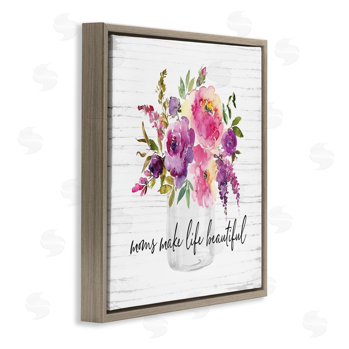 Lettered and Lined Mom's Make Life Beautiful Watercolor Flower Bouquet Brown Floating Frame Canvas Wall Art Print