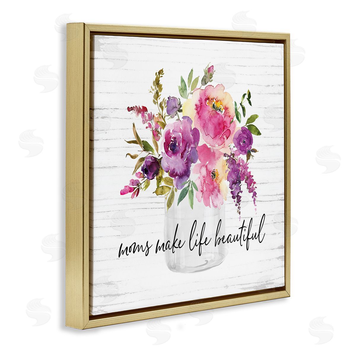 Lettered and Lined Mom's Make Life Beautiful Watercolor Flower Bouquet Gold Floating Frame Canvas Wall Art Print