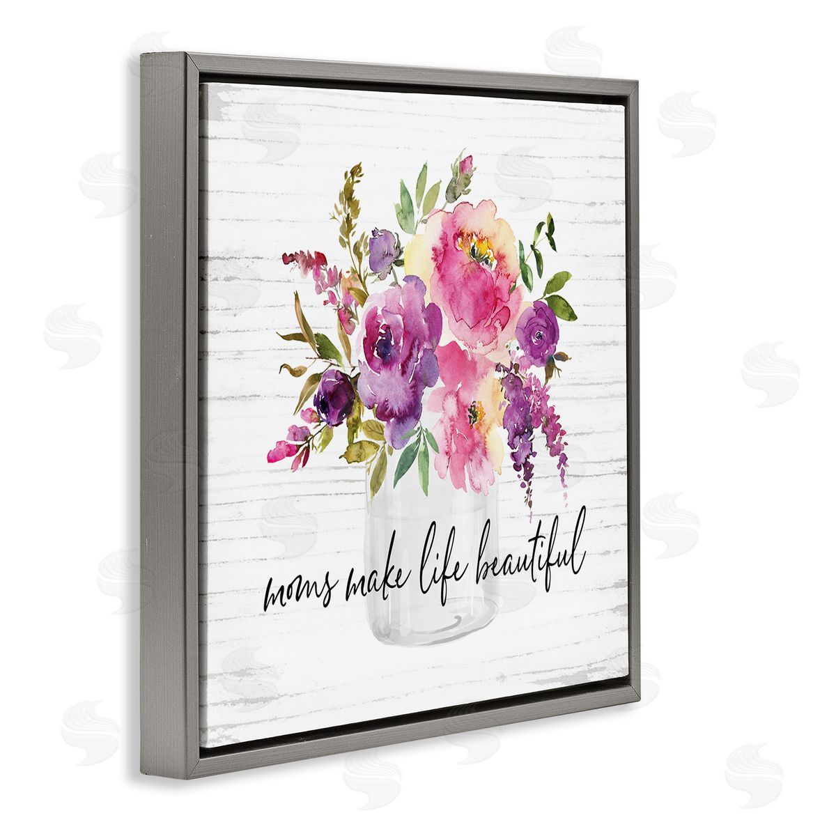 Lettered and Lined Mom's Make Life Beautiful Watercolor Flower Bouquet Gray Floating Frame Canvas Wall Art Print