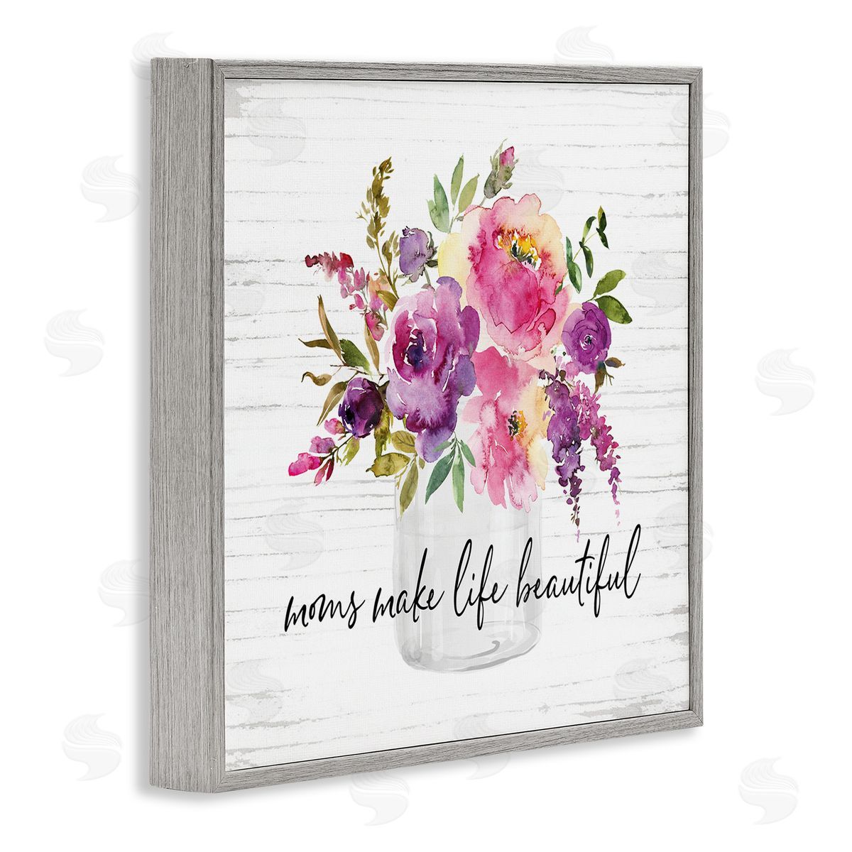 Lettered and Lined Mom's Make Life Beautiful Watercolor Flower Bouquet Gray Framed Glicee Wall Art Print