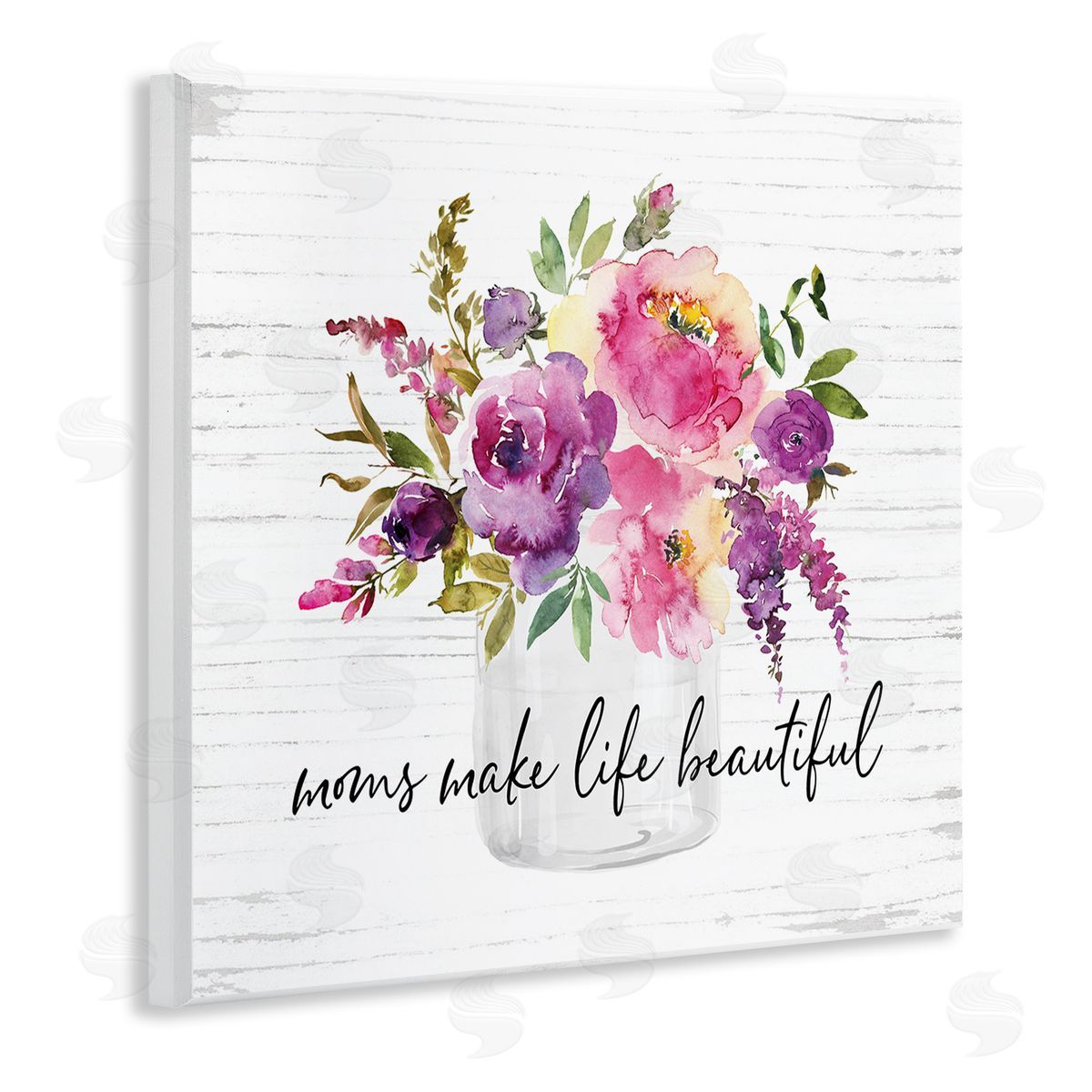 Lettered and Lined Mom's Make Life Beautiful Watercolor Flower Bouquet Wooden Wall Plaque Art Print