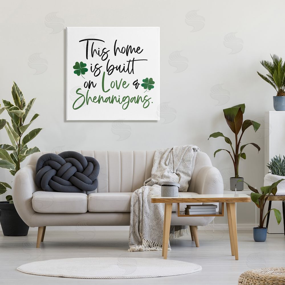 Lux + Me Designs Love & Shenanigans Lucky Green Clover Calligraphy Quote Canvas Wall Art in Room
