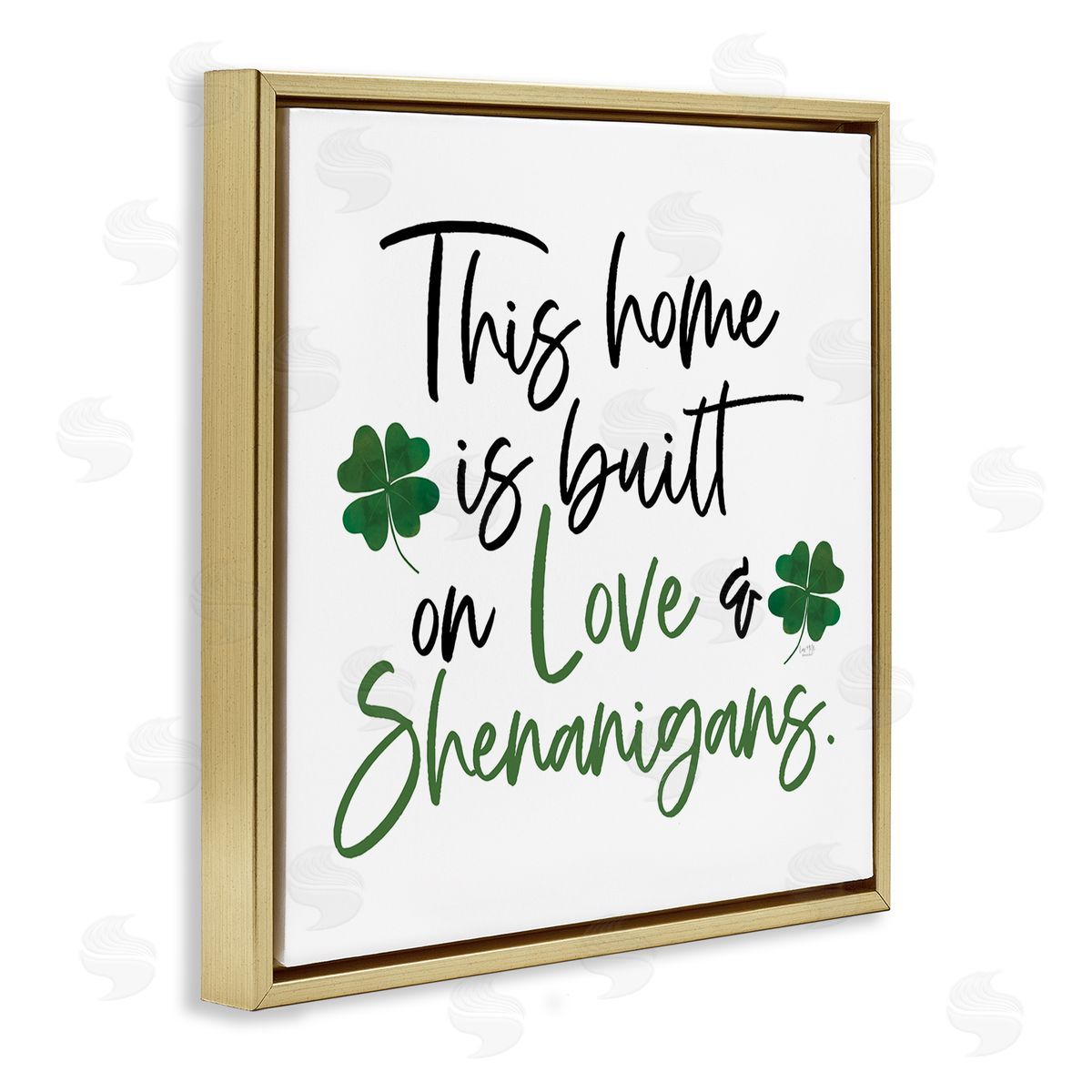 Lux + Me Designs Love & Shenanigans Lucky Green Clover Calligraphy Quote Gold Floating Frame Canvas Wall Art Print