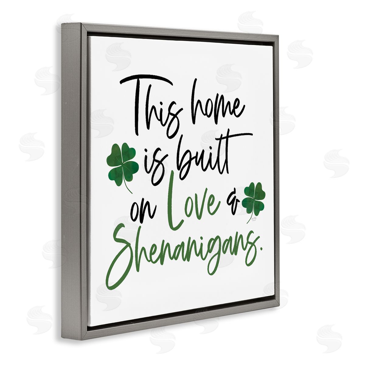 Lux + Me Designs Love & Shenanigans Lucky Green Clover Calligraphy Quote Gray Floating Frame Canvas Wall Art Print