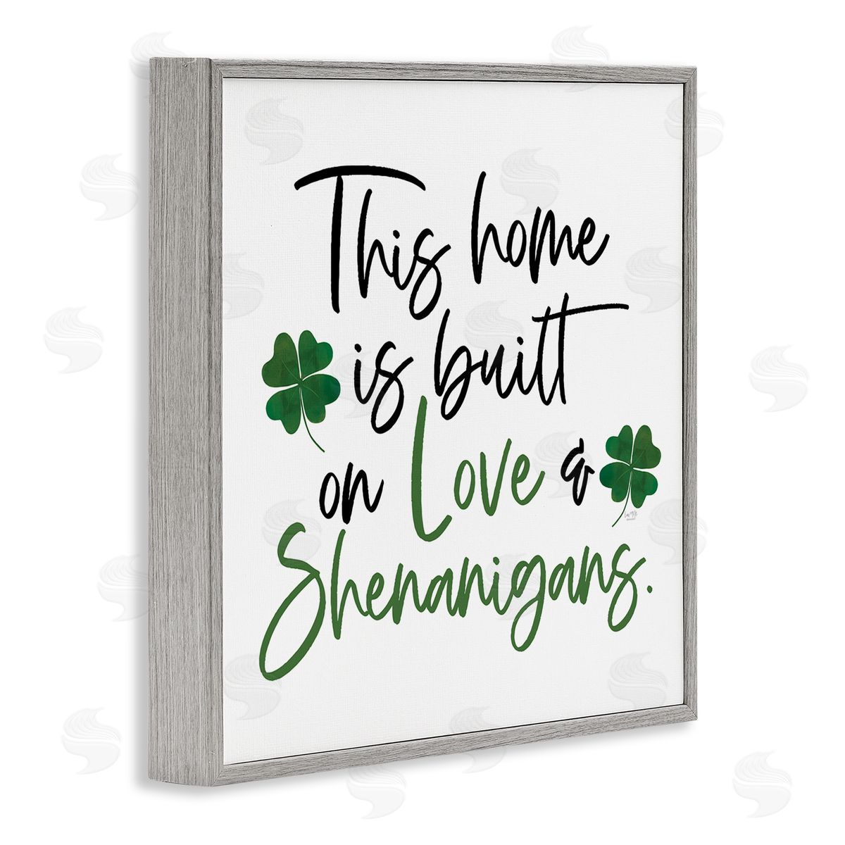 Lux + Me Designs Love & Shenanigans Lucky Green Clover Calligraphy Quote Gray Framed Glicee Wall Art Print