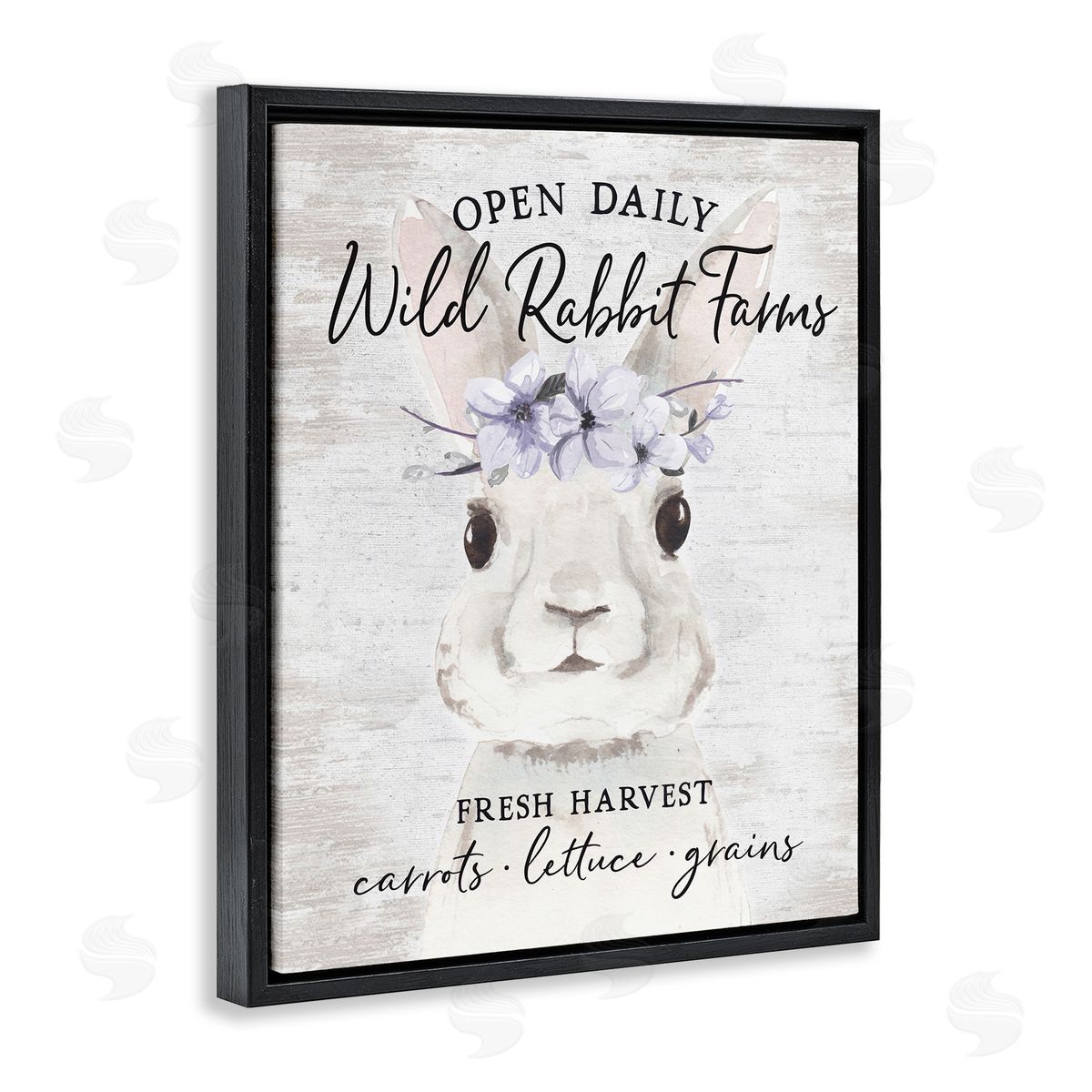 Lettered and Lined Wild Rabbit Farms Weathered Floral Crown Sign Black Floating Frame Canvas Wall Art Print