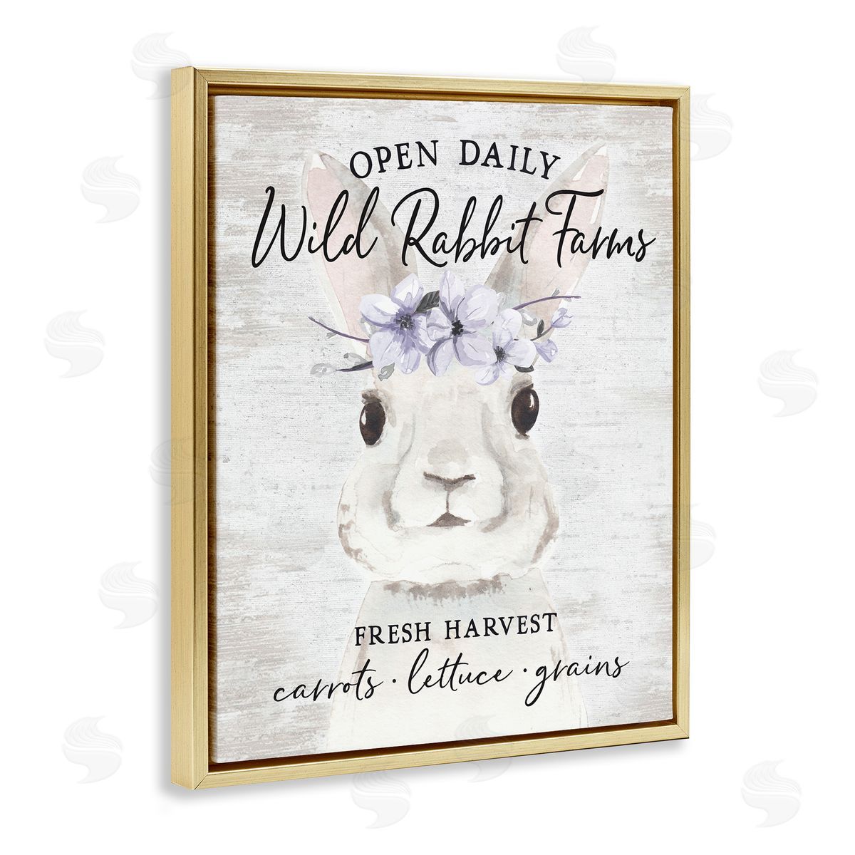 Lettered and Lined Wild Rabbit Farms Weathered Floral Crown Sign Gold Floating Frame Canvas Wall Art Print